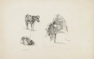 Een kalf, hond en paard met wagen