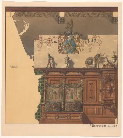 Een kamerwand in Renaissance-stijl, met een bank en een wandfontein