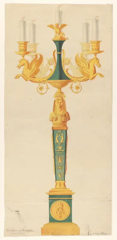 Een kandelaber van verguld en gepatineerd brons, met Egyptische motieven en paardenhoofden
