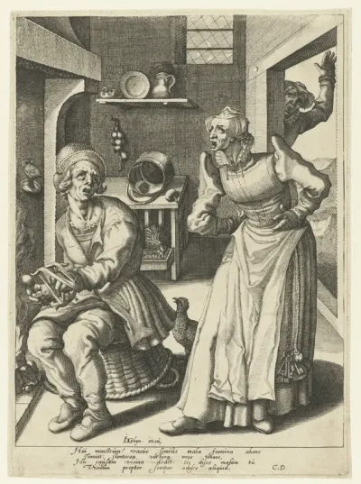 Een kijvende vrouw en een spinnende man