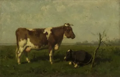 Een koe met haar kalf in een weide