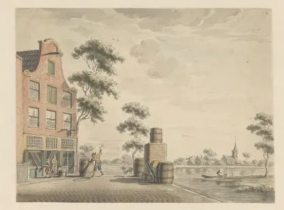 Een kuiper voor zijn huis aan het werk