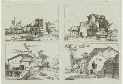 Een landschap met een brug en drie landschappen met een gebouw