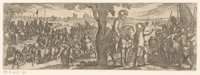 Een leger buiten een stad marcherend