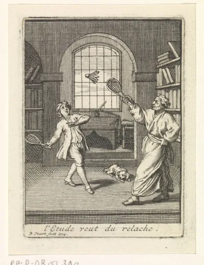 Een leraar speelt badminton met zijn leerling