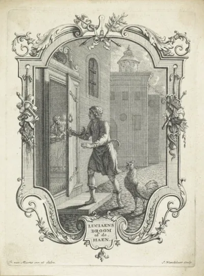 Een man en een haan bij een huis