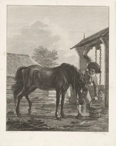 Een man en een paard bij een put