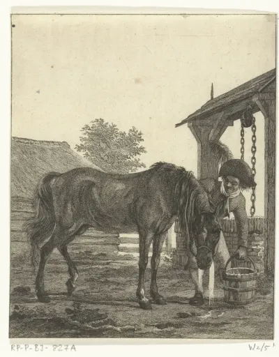 Een man en een paard bij een put