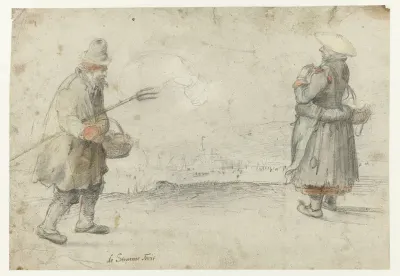 Een man en een vrouw op de kant van een bevroren rivier