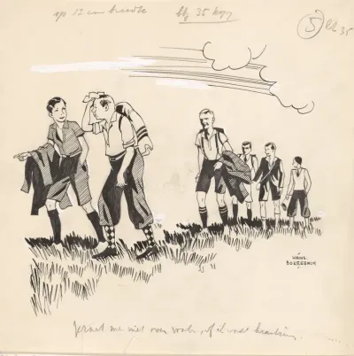 Een man en vijf jongens lopen door een landschap