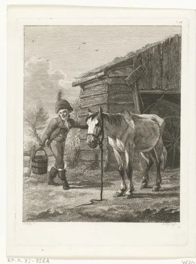 Een man haalt een emmer water voor zijn paard