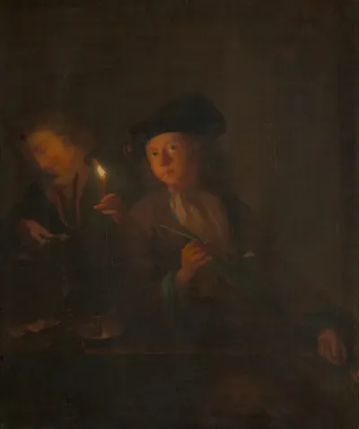 Een man met een pijp, en een man die zich een glas inschenkt