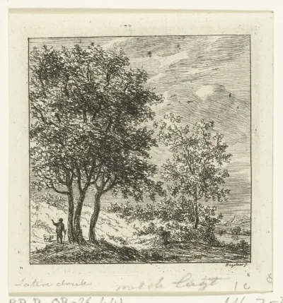 Een man met hond bij een groep bomen