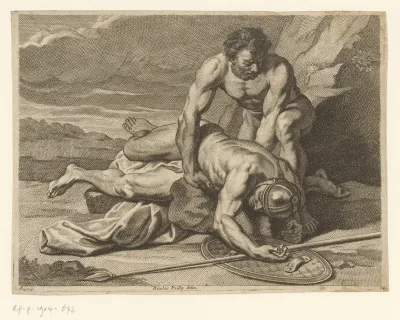 Een man neemt het lijk van een Romeins speerdrager in de armen