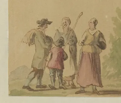 Een man, twee vrouwen en een kind staand in een landschap