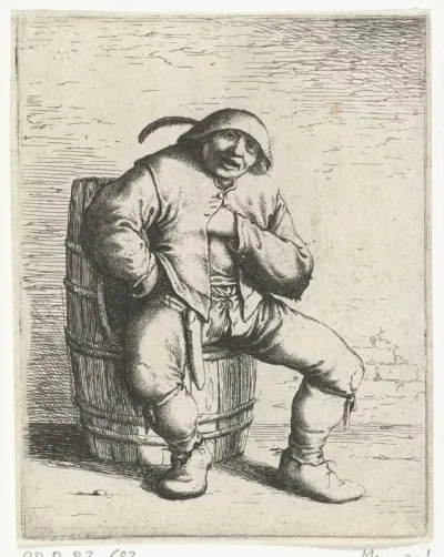 Een man zit op een ton