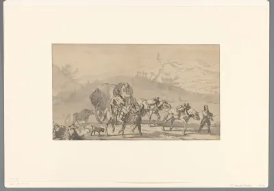 Een met twee paarden bespannen kar in een landschap