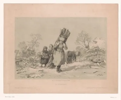 Een moeder en drie kinderen komen terug van het sprokkelen van hout