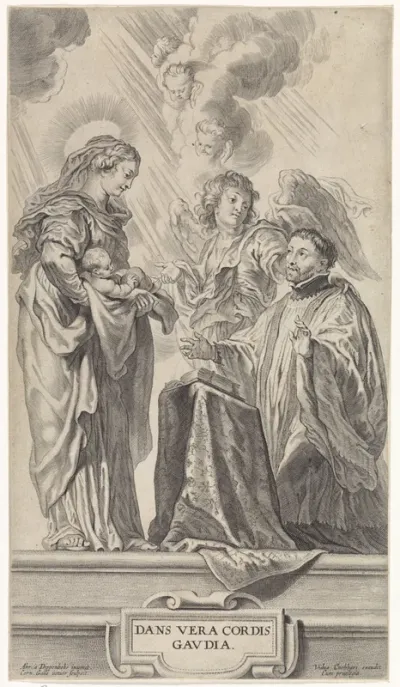 Een onbekende heilige (Ignatius van Loyola?) knielt voor Maria met kind