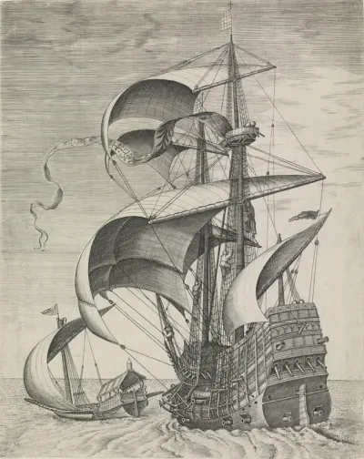 Een oorlogsschip begeleid door een galei