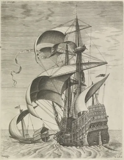Een oorlogsschip begeleid door een galei