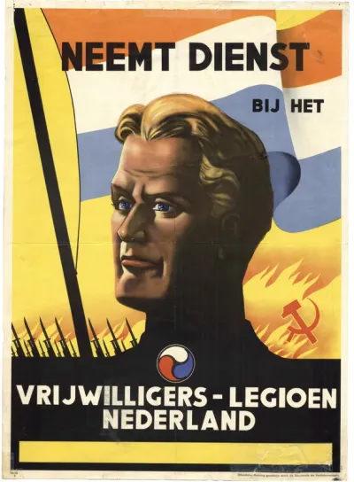 Een oproep om bij het Vrijwilligers-Legioen Nederland  in dienst te komen: "Neemt dienst bij het Vrijwilligers-Legioen Nederland ".
