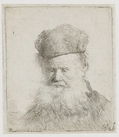 Een oude man met bontmuts en lange baard, naar beneden kijkend