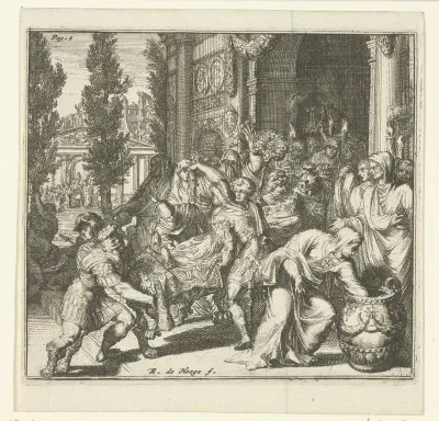 Een overleden vorst wordt op een draagbaar een Romeins gebouw in- of uitgedragen.