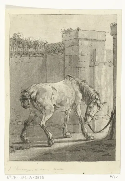 Een paard aan een paal vastgebonden