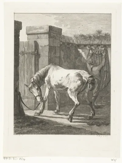 Een paard vastgebonden aan een paal