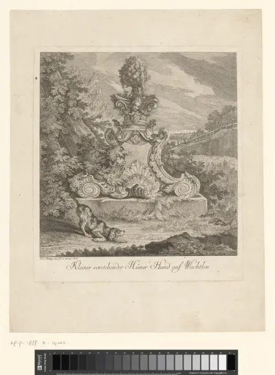 Een patrijshond en twee kwartels in een landschap met een fontein