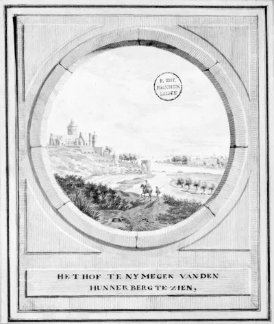 Een penseeltekening in grijs gewassen van M. Berkenboom, voorstellende de Valkhofburcht; het origineel berust in de Universiteitsbibliotheek in Leiden; negatiefnr.: 1533 (rechts boven)