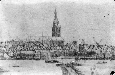 Een pentekening van een stadsgezicht