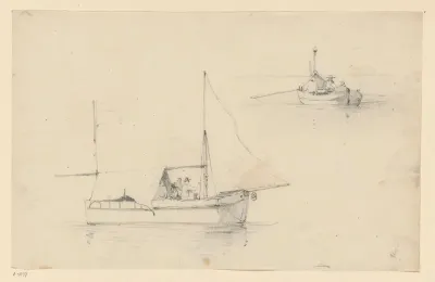 Een roeiboot en een grotere boot met overkapping