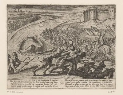 Een schuit vol graan wordt naar de kust getrokken