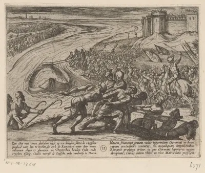 Een schuit vol graan wordt naar de kust getrokken