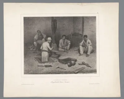 Een smid en een werknemer met blaasbalg aan het werk, twee mannen roken pijp, 17 augustus 1837