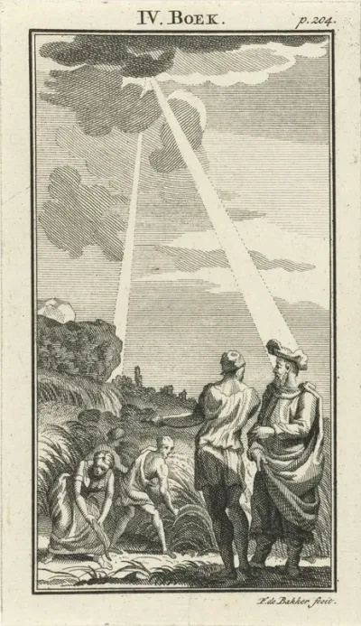 Een soldaat van Herodes ondervraagt de opzichter van de graanoogst
