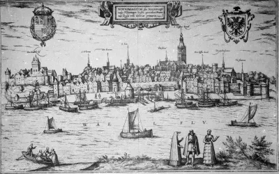 Een stadsgezicht; een gravure van G. Braun en Frans Hogenberg.