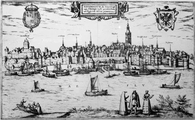 Een stadsgezicht van G. Braun en Frans Hogenberg; een gravure.