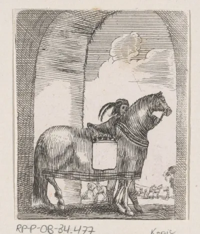 Een stalknecht en paard in een doorgang