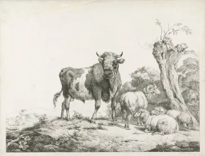 Een stier, een ram en twee liggende schapen bij een knotwilg