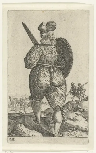 Een strijder met zwaard, op de rug gezien