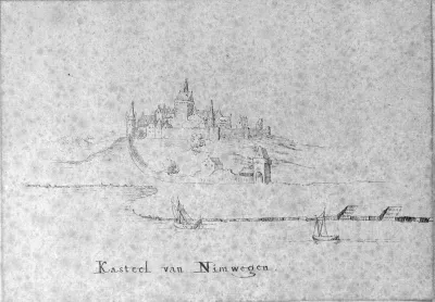 Een tekening in Oost-Indisch inkt, voorstellende de Valkhofburcht.