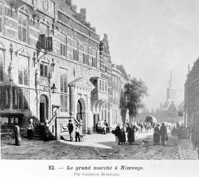 Een tekening van Cornelis Springer (25-5-1817 - 18-2-1891) : het Stadhuis met zicht op de Grote Markt en de St. Stevenskerk