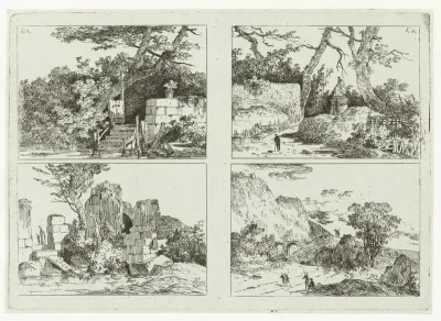 Een trap naar het water, Ruïne van een fontein, Het beeld tussen de bomen en Wandelaars in een berglandschap