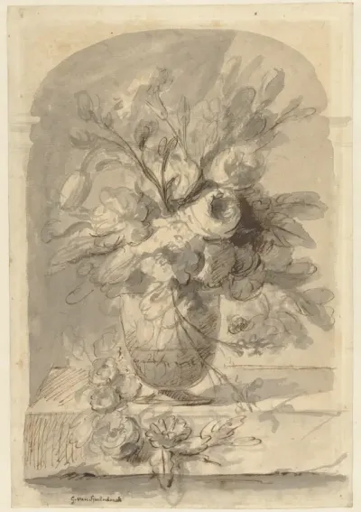 Een vaas met bloemen in een nis