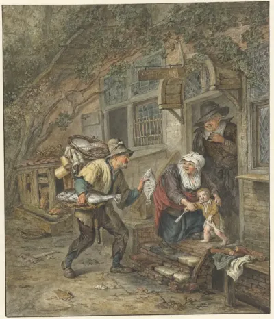 Een visverkoper biedt een schol aan aan een schoolmeester en diens familie