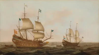 Een voor Frankrijk gebouwd oorlogsschip en een Nederlands jacht onder zeil