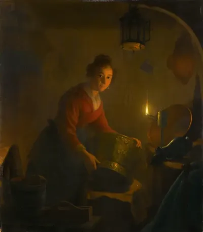 Een vrouw in een keuken bij het licht van een olielamp
